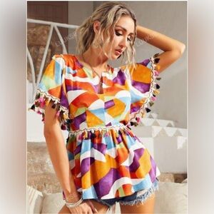🌸. #3009-32. Vibrant Multicolor Geometric Blouse
